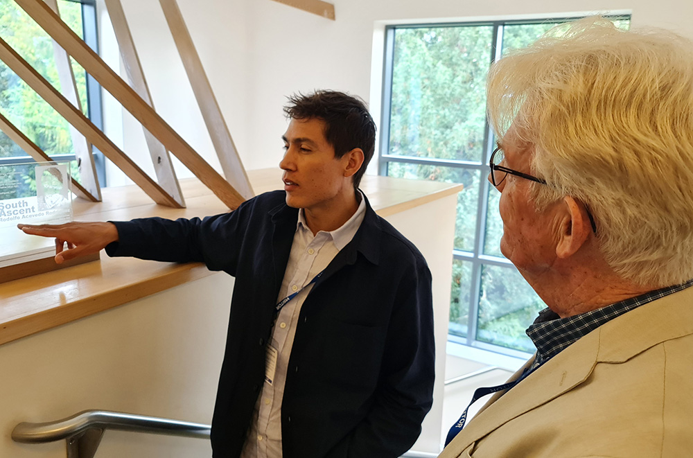 Rodolfo Rodriguez with former head of Art, David Thomas, views his light installation in Ashurst